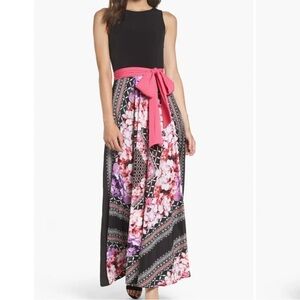 Eliza J. Black and Pink Floral Scarf Print Jersey & Crêpe de Chine Maxi Size 10